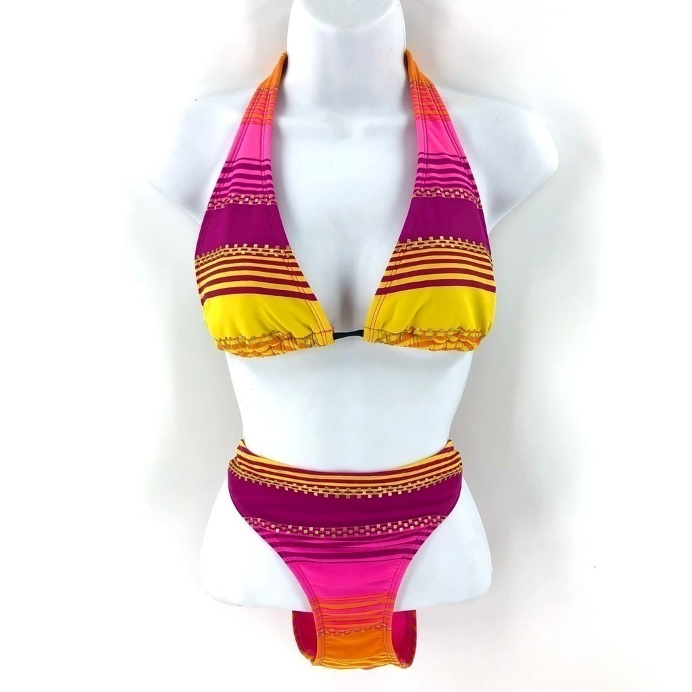 Hot Water Bikini Size Large Colorful Bright Neon Metallic Gold Halter Swimsuit